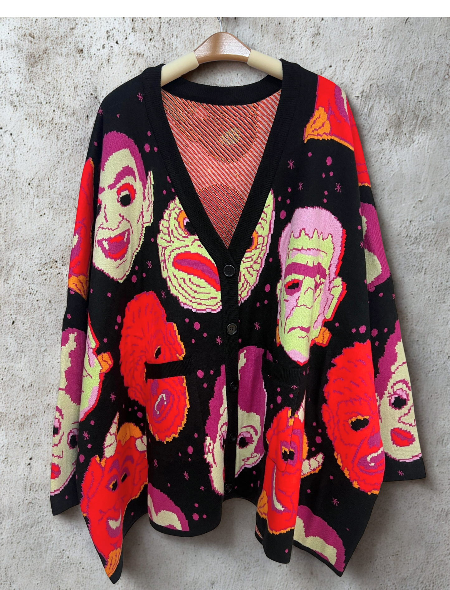 The NEW Alt Spooky 1980s Halloween Masks Oversized Grandpa Sweater + Cardigan ! Pockets!