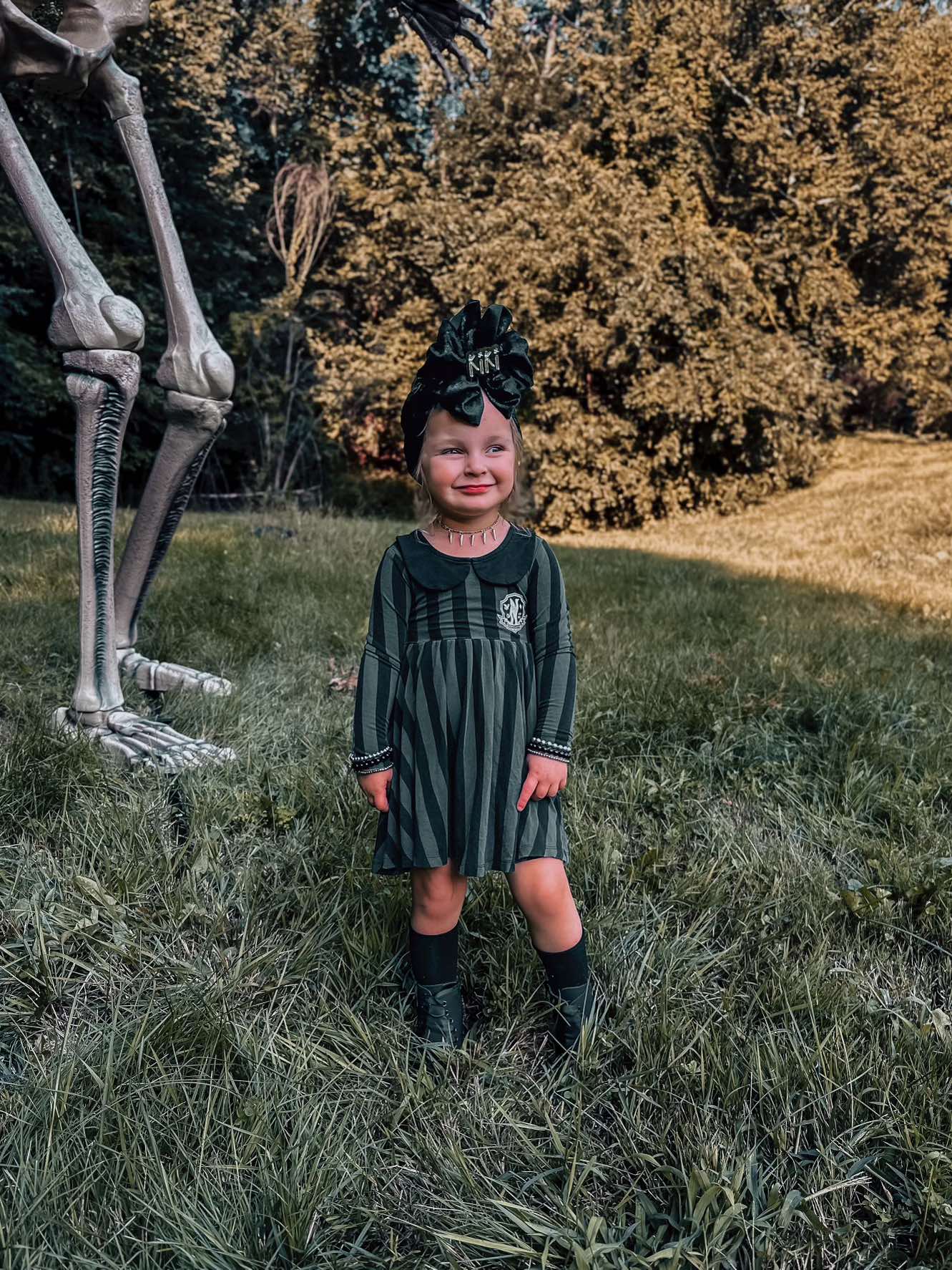 Ready to Ship--Adult + Kid-- Spooky Season NeverMore Gothic Striped Weds Twirl Dress! Logo! Black + Gray Stripes!