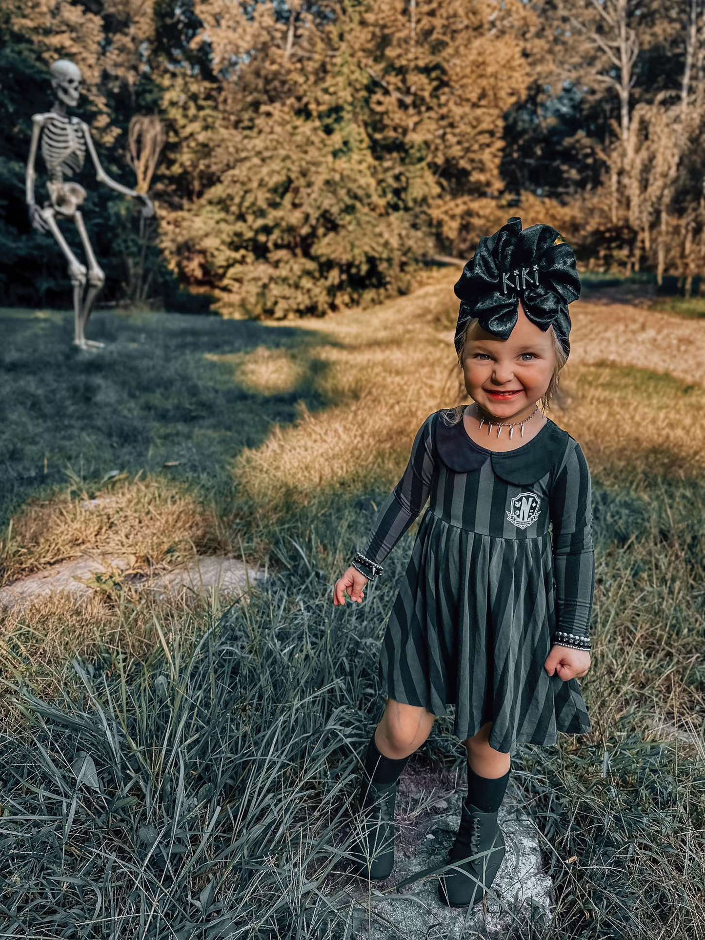 Ready to Ship--Adult + Kid-- Spooky Season NeverMore Gothic Striped Weds Twirl Dress! Logo! Black + Gray Stripes!