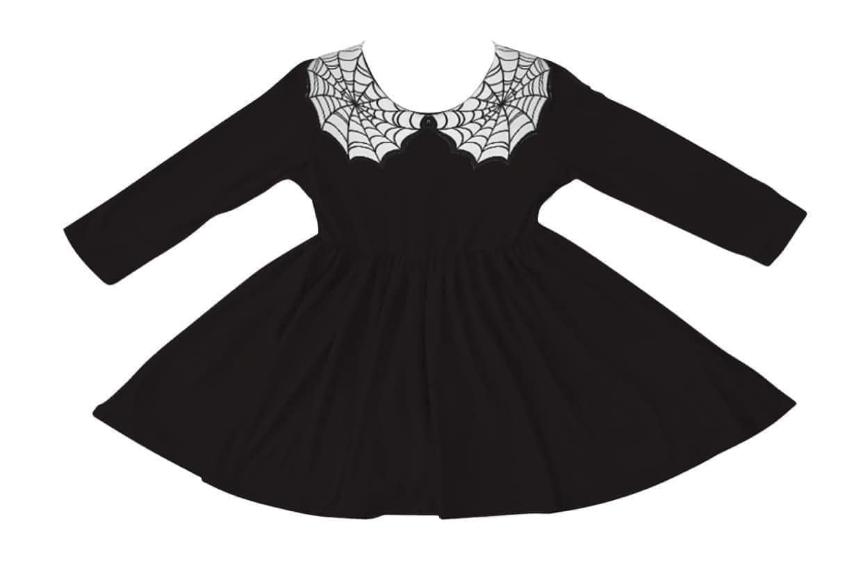 Ready to Ship- Wednesday Vibe Goth Black + Web Collar Spooky Season Twirl Dress!