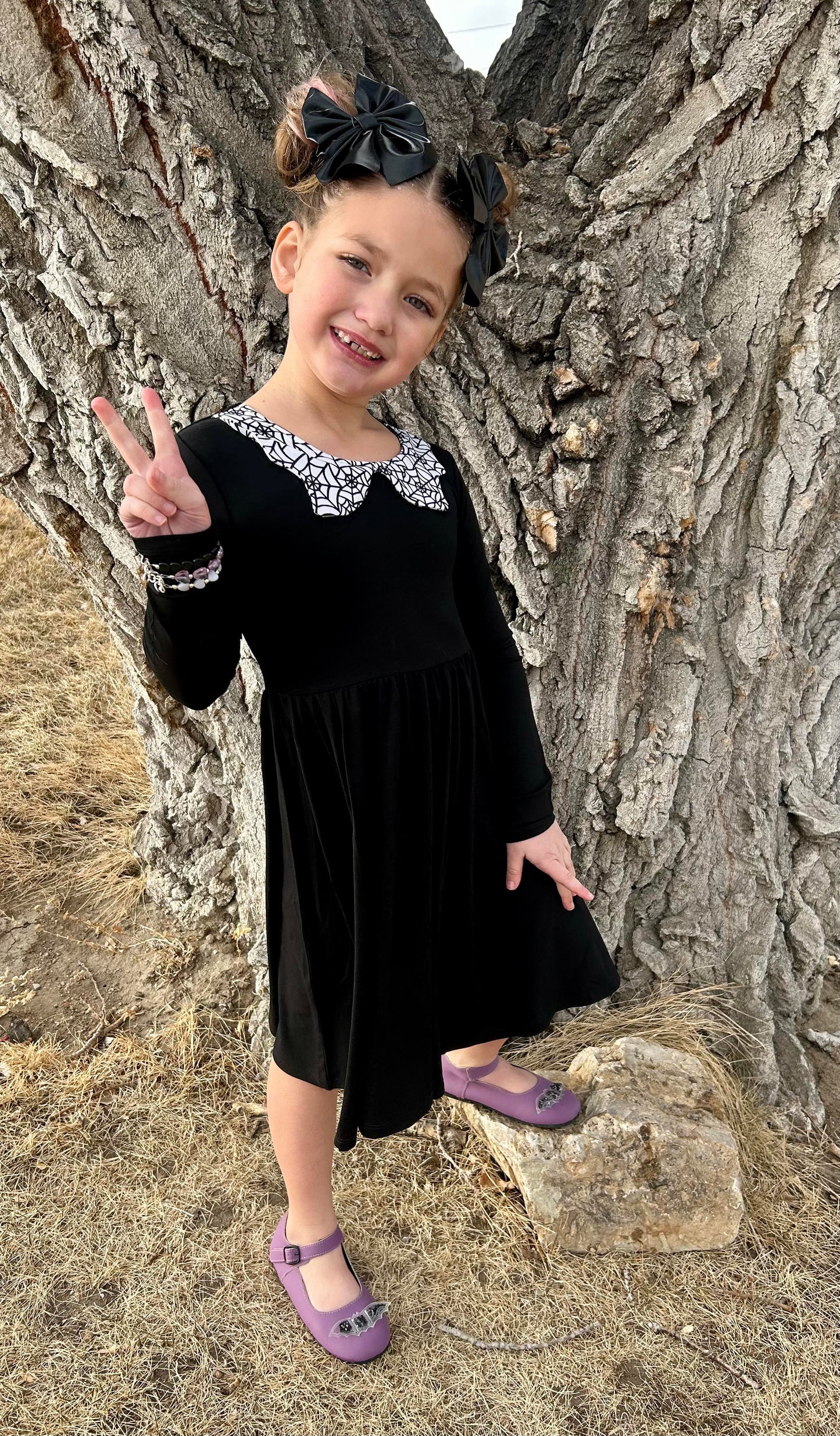 Ready to Ship- Wednesday Vibe Goth Black + Web Collar Spooky Season Twirl Dress!