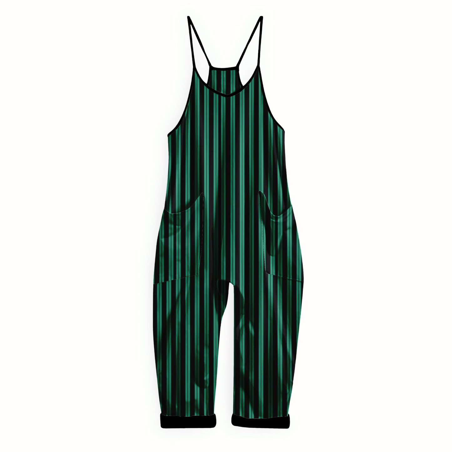 Ghostly Mansion Green + Black Stripe Bamboo Overalls! Alternative + Hip!