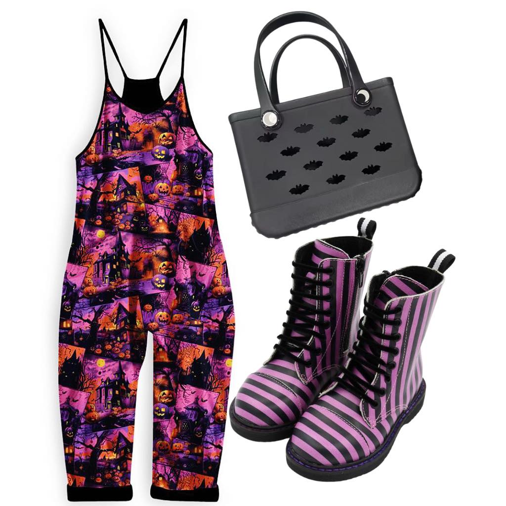 Spooky Skies Haunted House 90s Halloween Boho Overalls! Adult + Kids Sizing.
