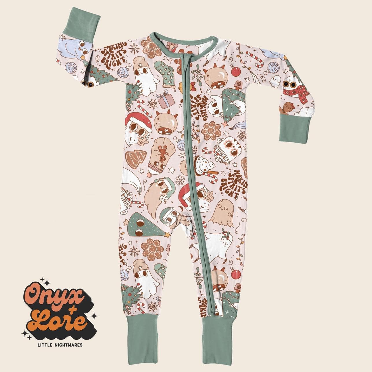 Ready to Ship - DEADSTOCK Making Spirits Bright Toddler Zippies! Cute Ghosties + Hot Chocolate