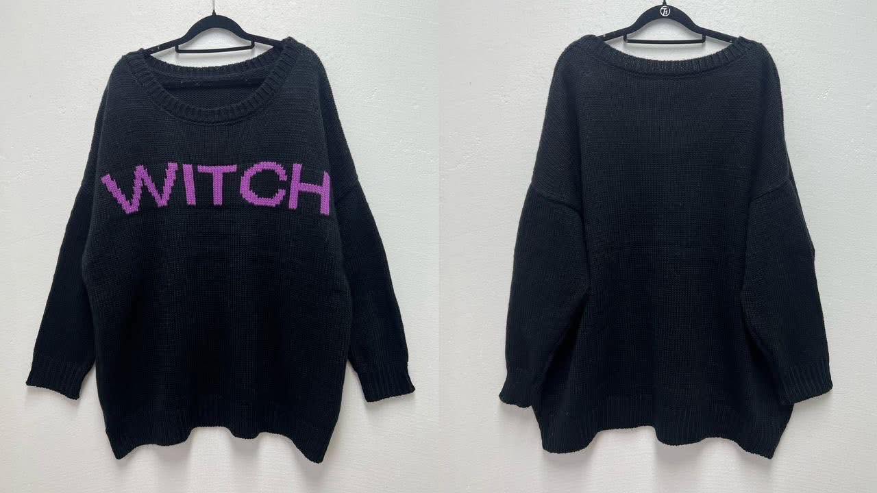 The NEW Cozy Oversized Chunky Knit Black + Purple Witchy Sweater