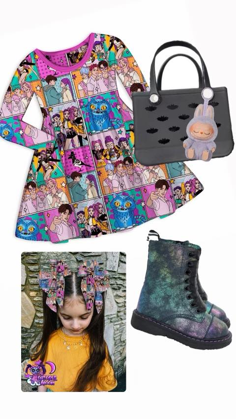 Adult + Kids- SHORT Sleeve Hunter Girl Demons BamBOOO Twirl Dress! HuntrixX!