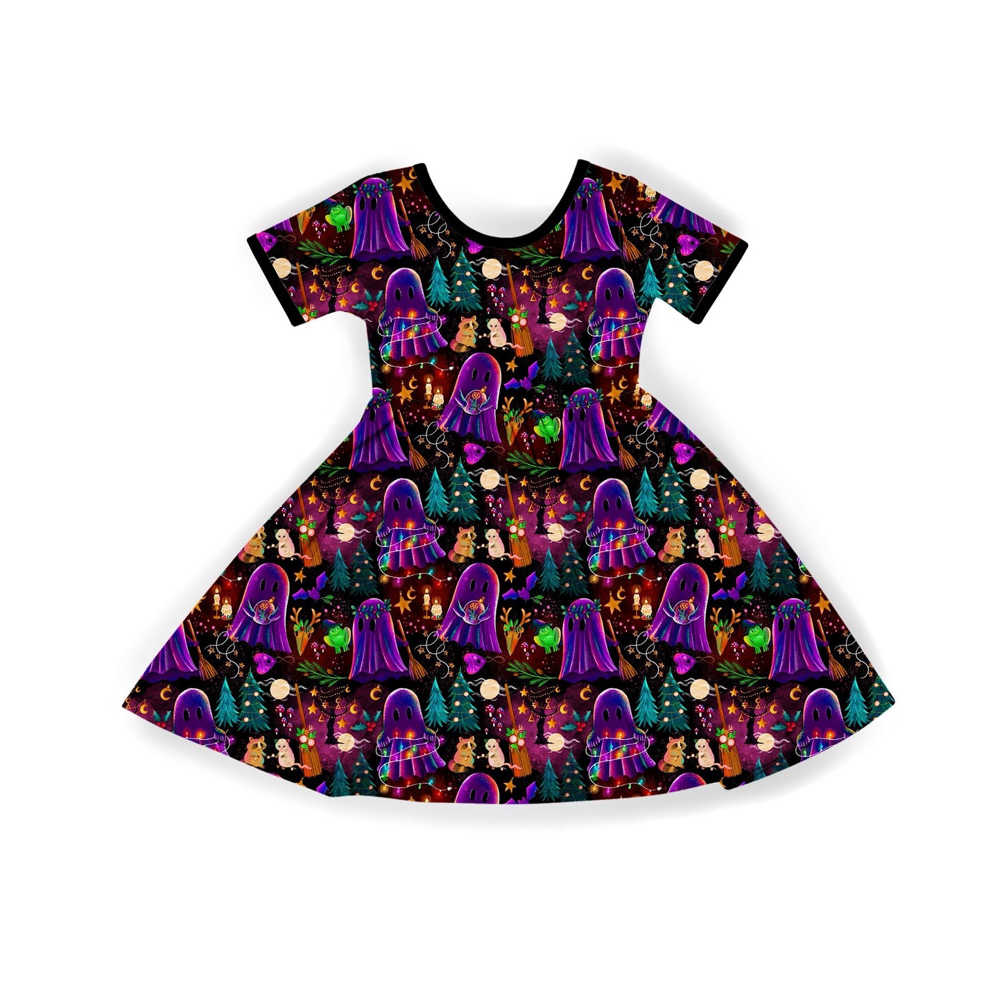 Adult + Kids Magical Yule be Making Spirits Bright Whimsical Holiday Bamboo Dress! Yule Forest + Ghosties + Forest Friends!