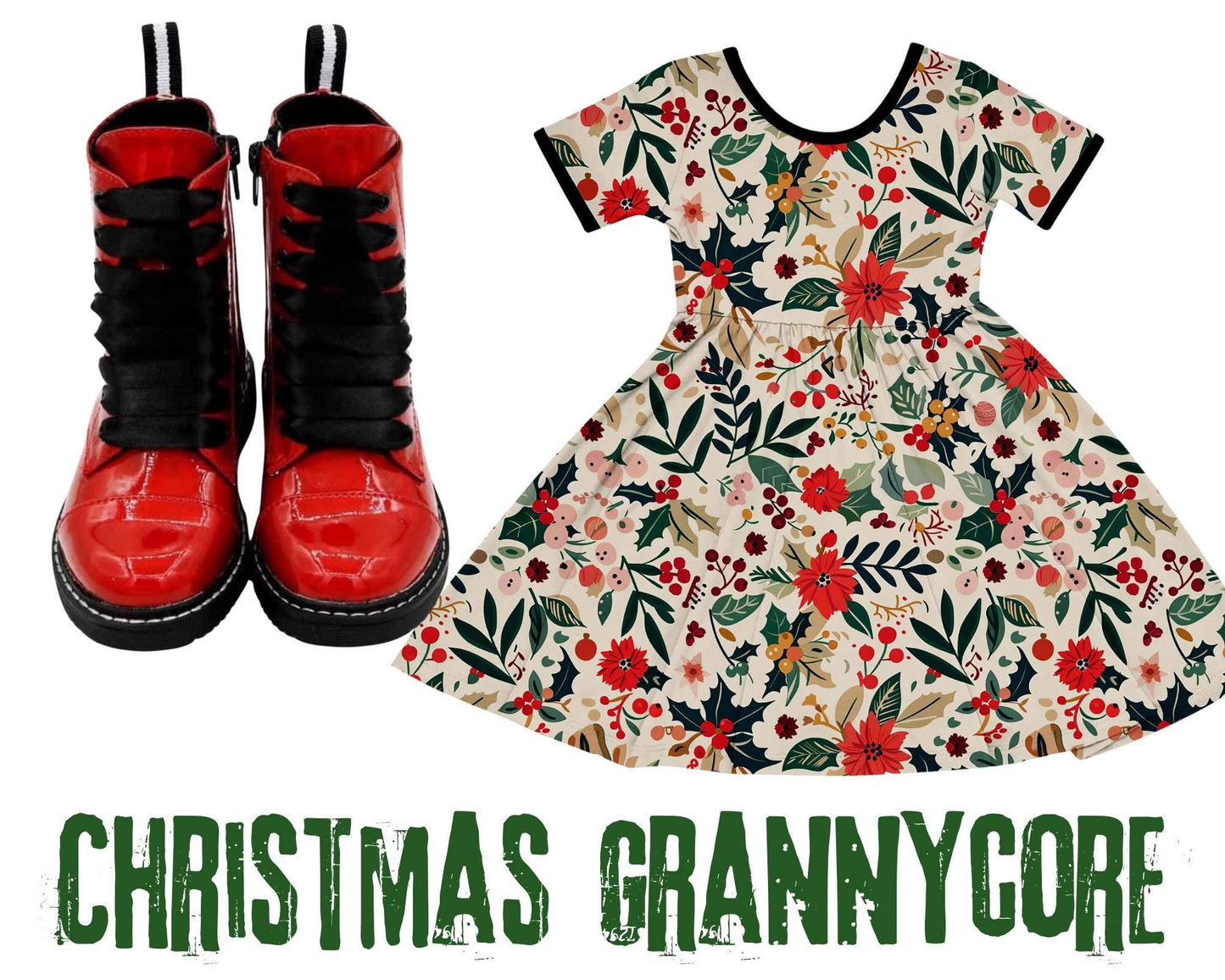 Adult + Kids Vintage Christmas Floral Grannycore Bamboo Twirl Dress! Retro Poinsettias + Holly!