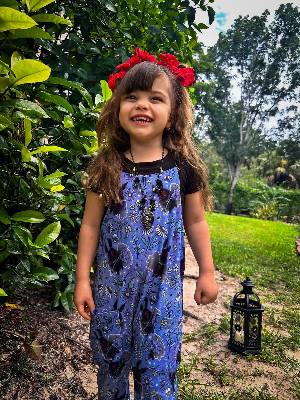 Ready to Ship-- Kids + Adult: Botanical Mothman BamBOO Floral Cryptids Overalls