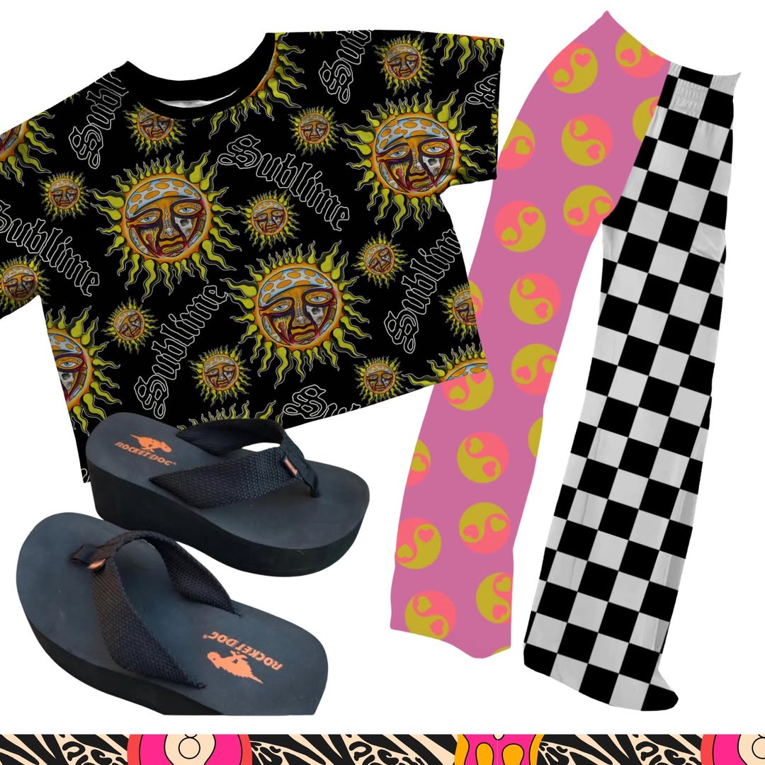 Adult: 1990s Ying Yang + Check Y2K GIRL Wide Leg Bamboo Pants! Bright Colors! Super Rad