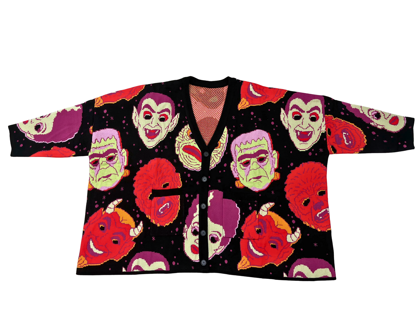 The NEW Alt Spooky 1980s Halloween Masks Oversized Grandpa Sweater + Cardigan ! Pockets!