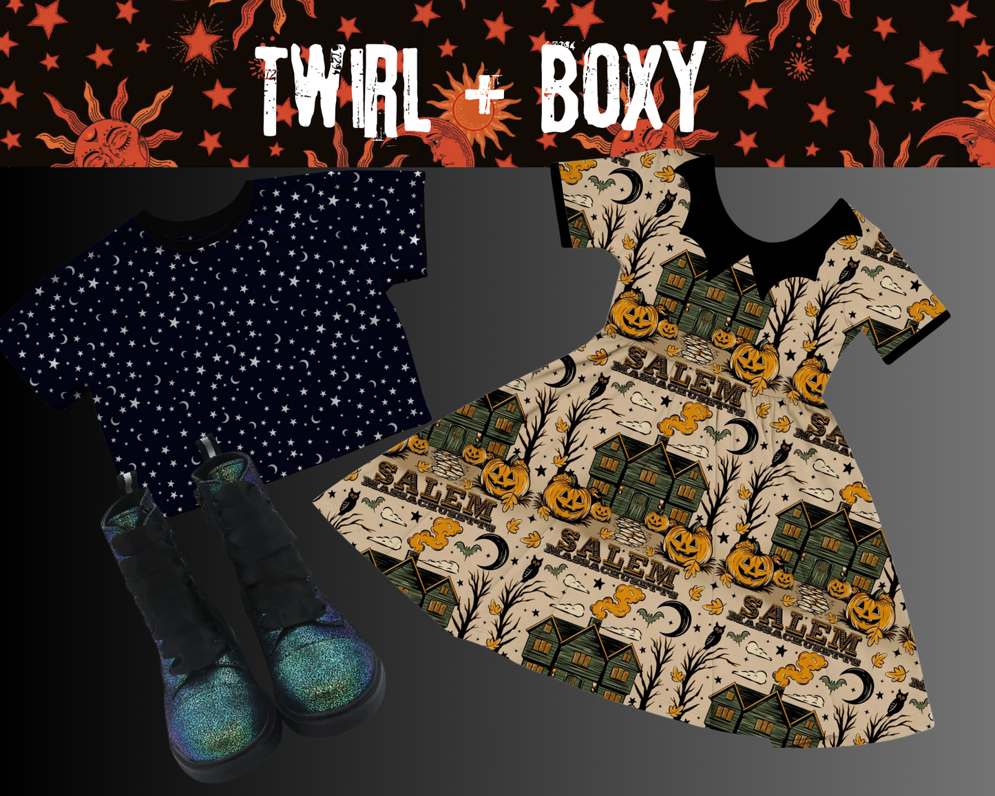 Kids + Adult The Take me to Salem Witch BamBOO Twirl! Bat Collar. Witch House + Pumpkins