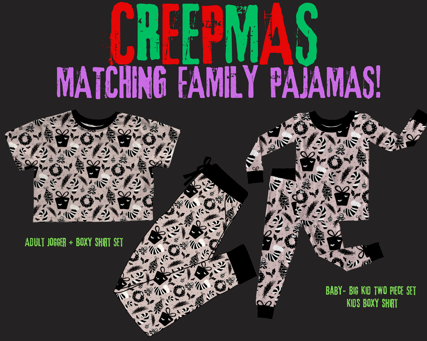 Ready to ship - Creepmas Kids two Piece Spooky Christmas Bamboo set! Matching Family Pajamas! Bats + Gingerdead Men! CREEPMAS 2P