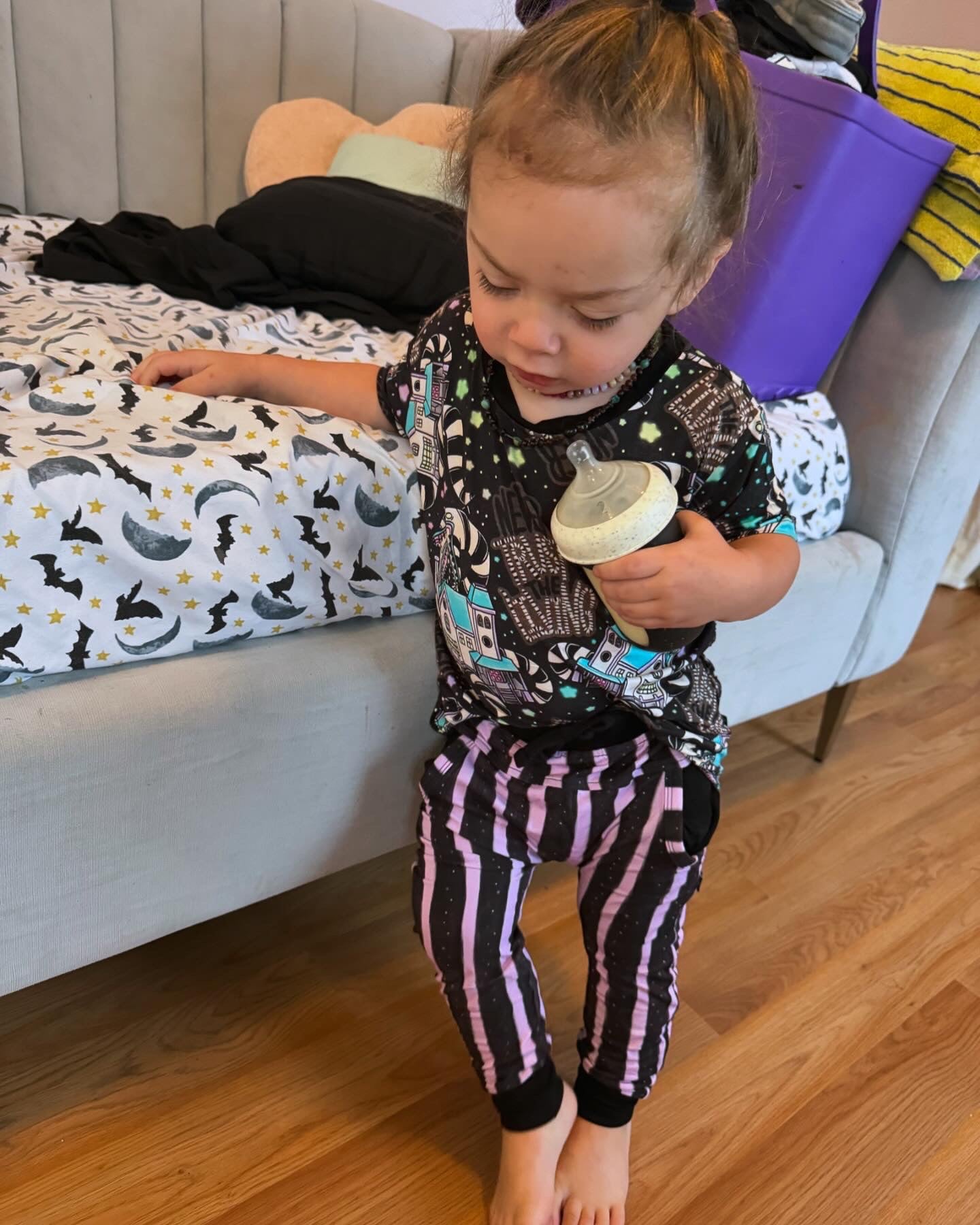 Ready to Ship-Spooky Kid Lavender + Black Striped Bamboo Joggers! Back to School!