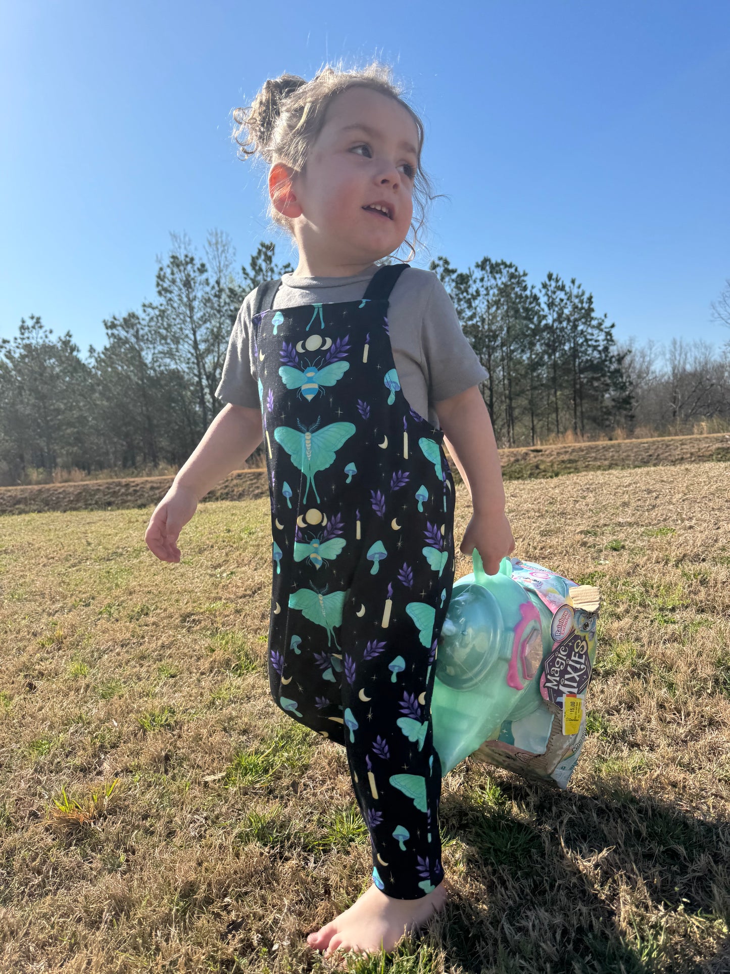 NEW Ready to ship- Kid's Light the Way Lunar Moth + Bees Witchy Bamboo Overalls! Moons + manifest!