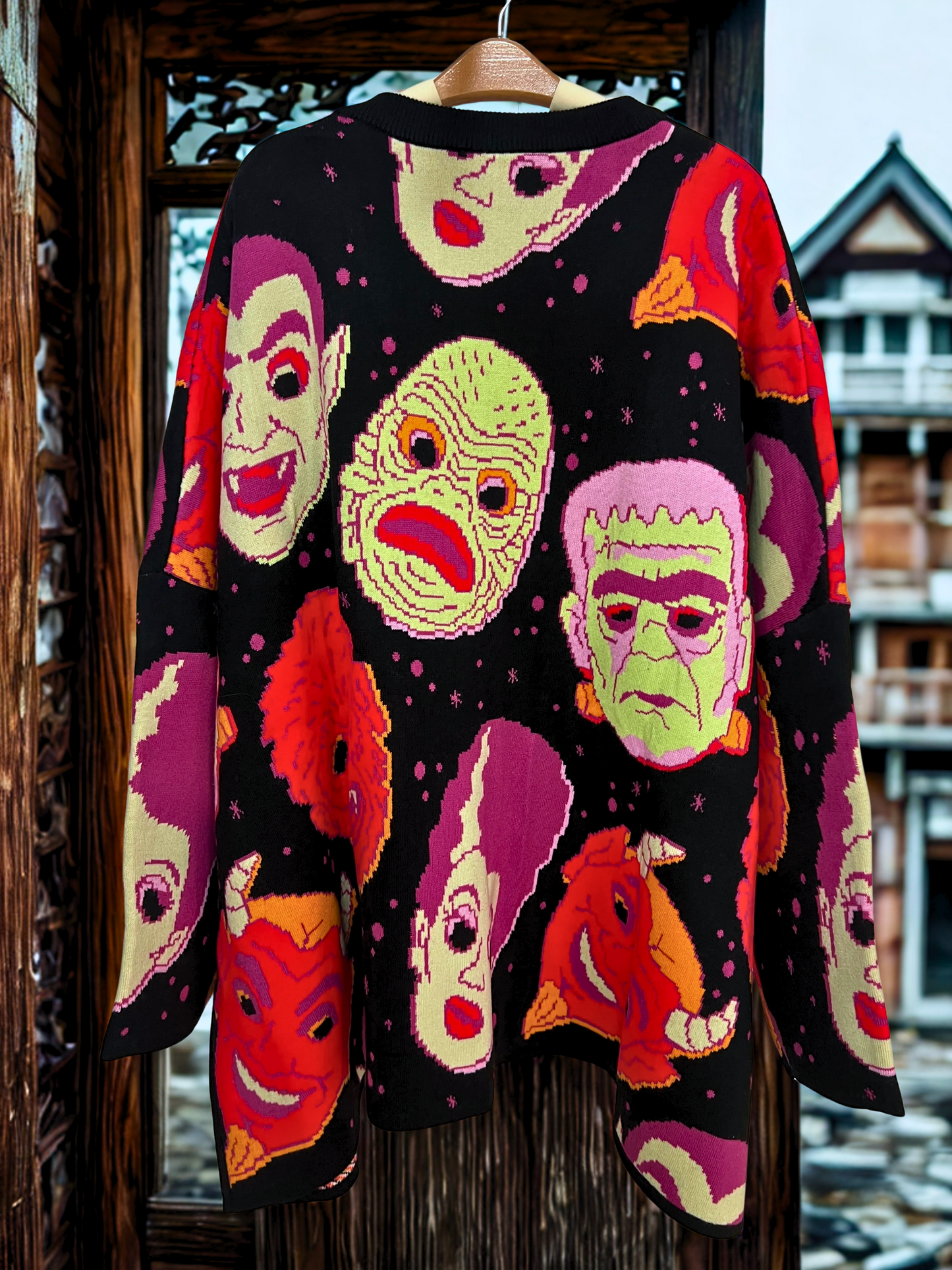 The NEW Alt Spooky 1980s Halloween Masks Oversized Grandpa Sweater + Cardigan ! Pockets!