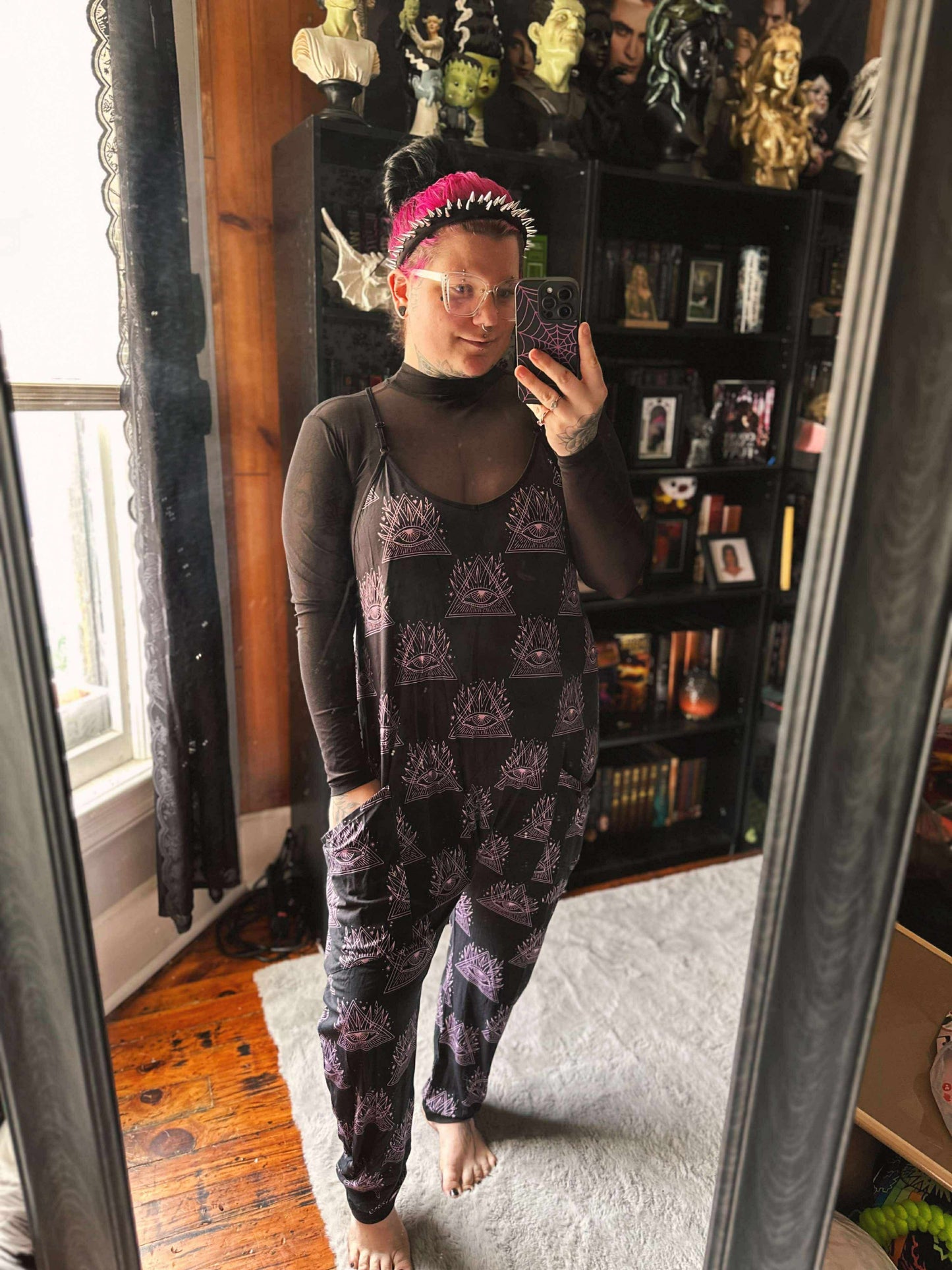 Ready to ship - Kids The Rune Pink Witchy All Seeing Eye Protection Black Bamboo Boho Overalls! Manifest + Intent!