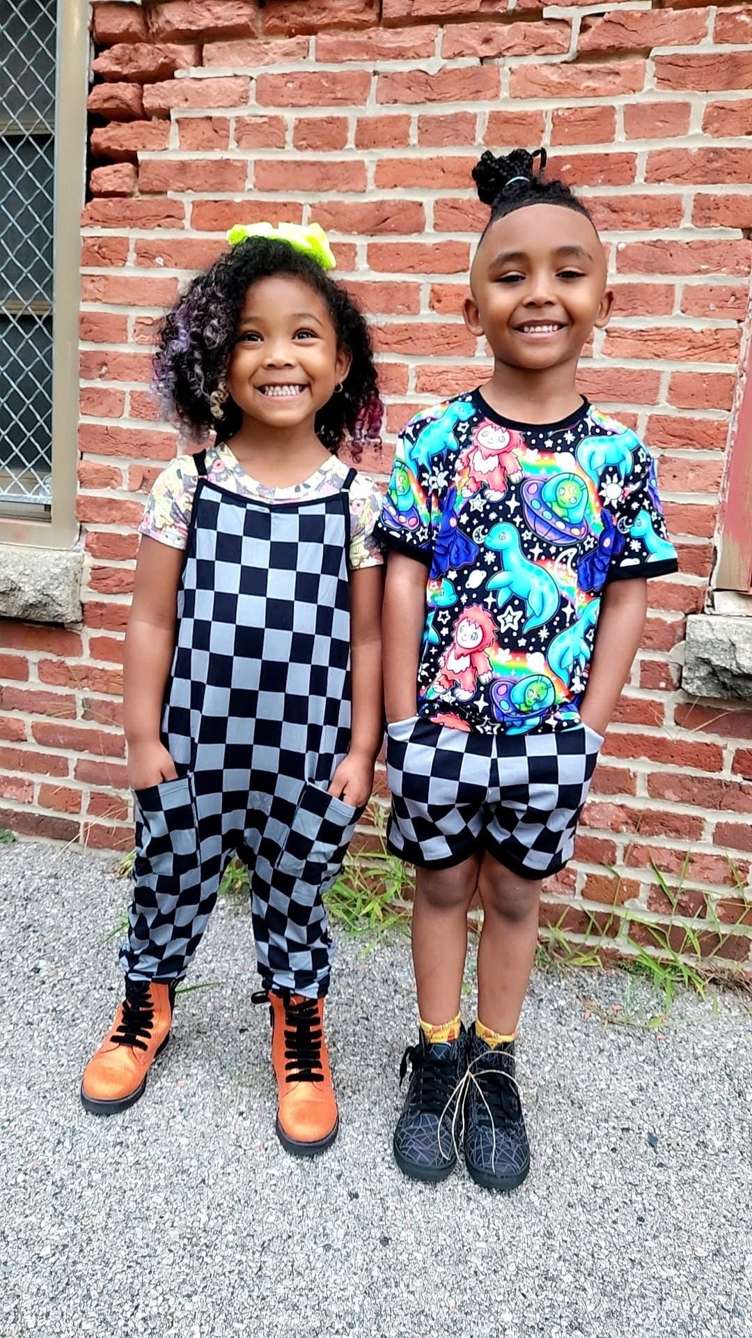 Ready to Ship Kids + Adult: Gray + Black Check Bamboo Slouchy Overalls! Adjustable Straps!