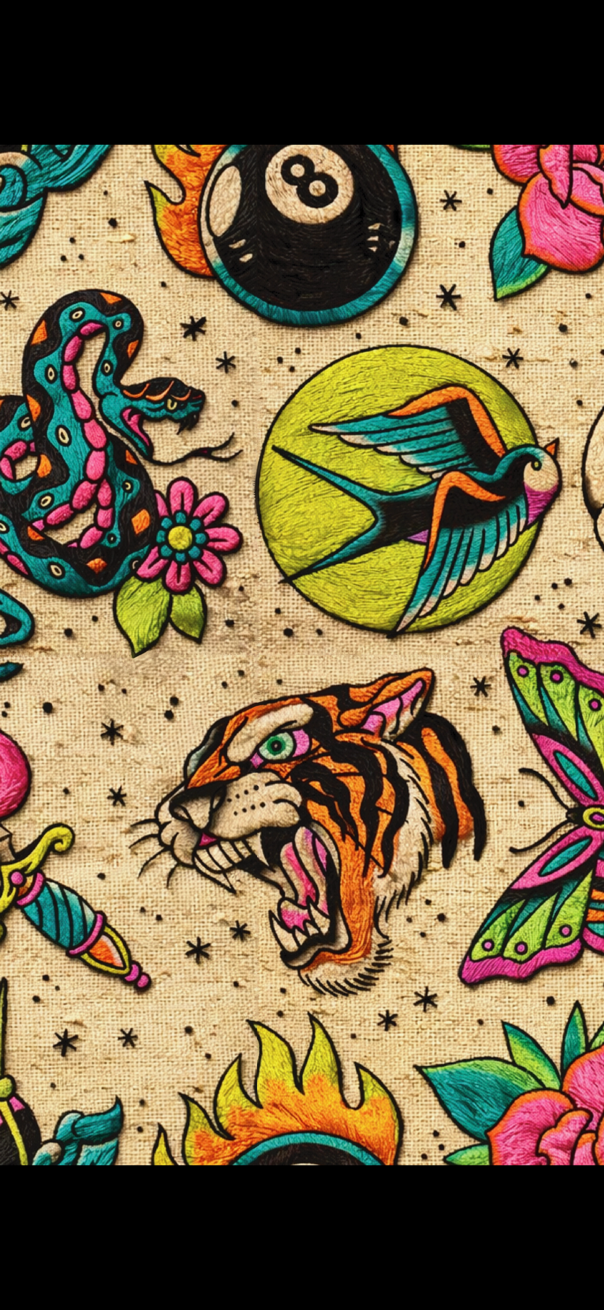 Ready to ship -Kids + Adult-- Neon Summer Nights Traditional Jerry Tattoo Patch Bamboo Twirl! Boats + Skulls + Roses!
