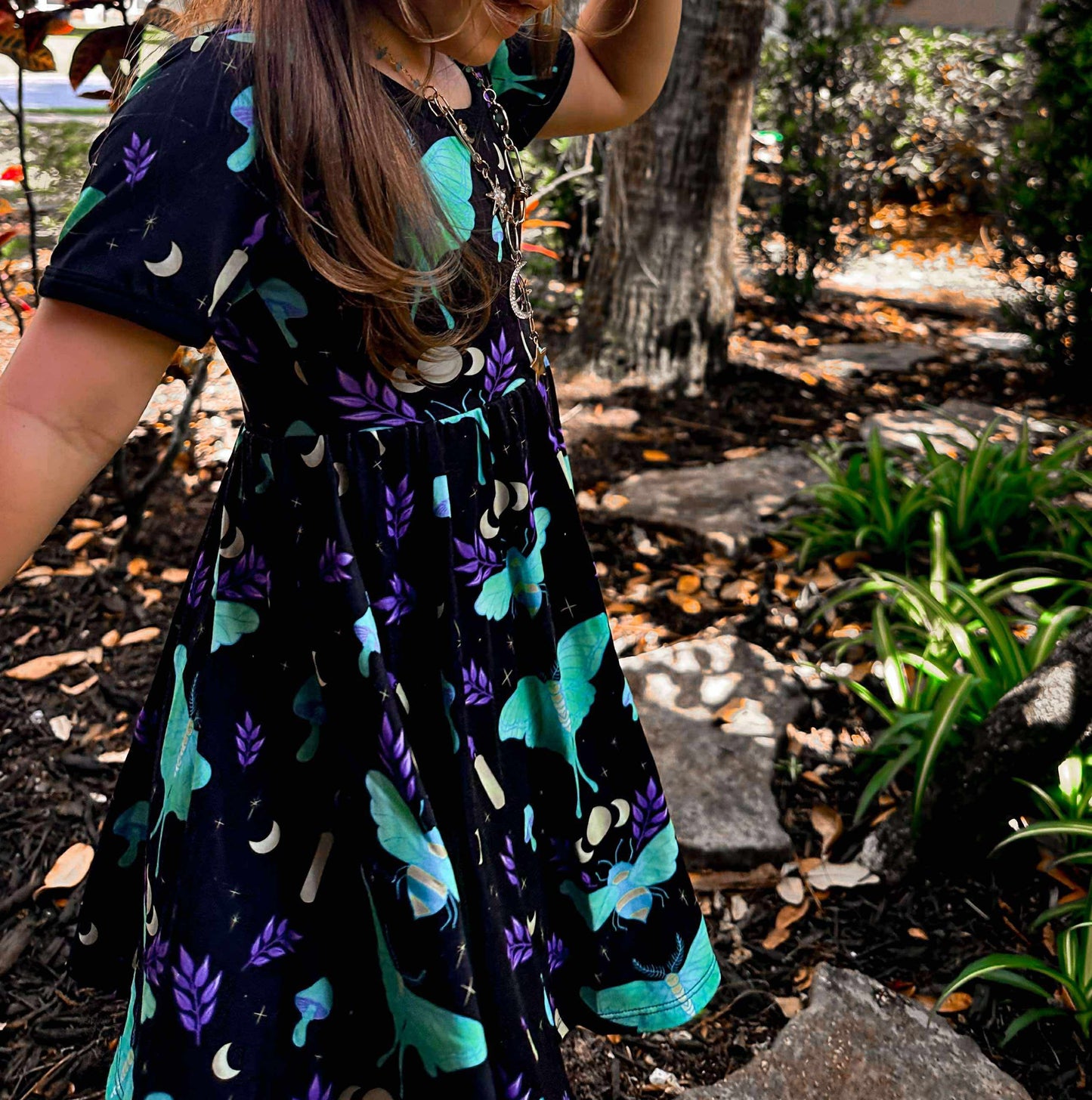 NEW Ready to Ship--Adult + Kid-- Light the Way Lunar Moth + Bee Witchy Black and Teal Bamboo Twirl Dress!