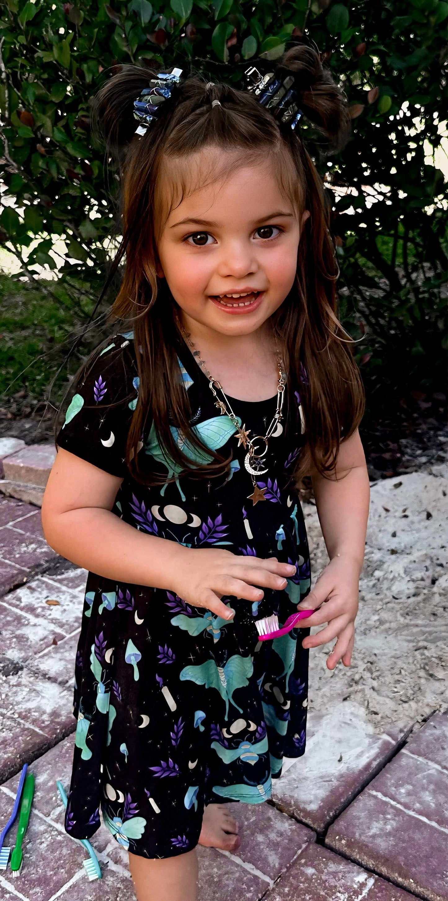 NEW Ready to Ship--Adult + Kid-- Light the Way Lunar Moth + Bee Witchy Black and Teal Bamboo Twirl Dress!