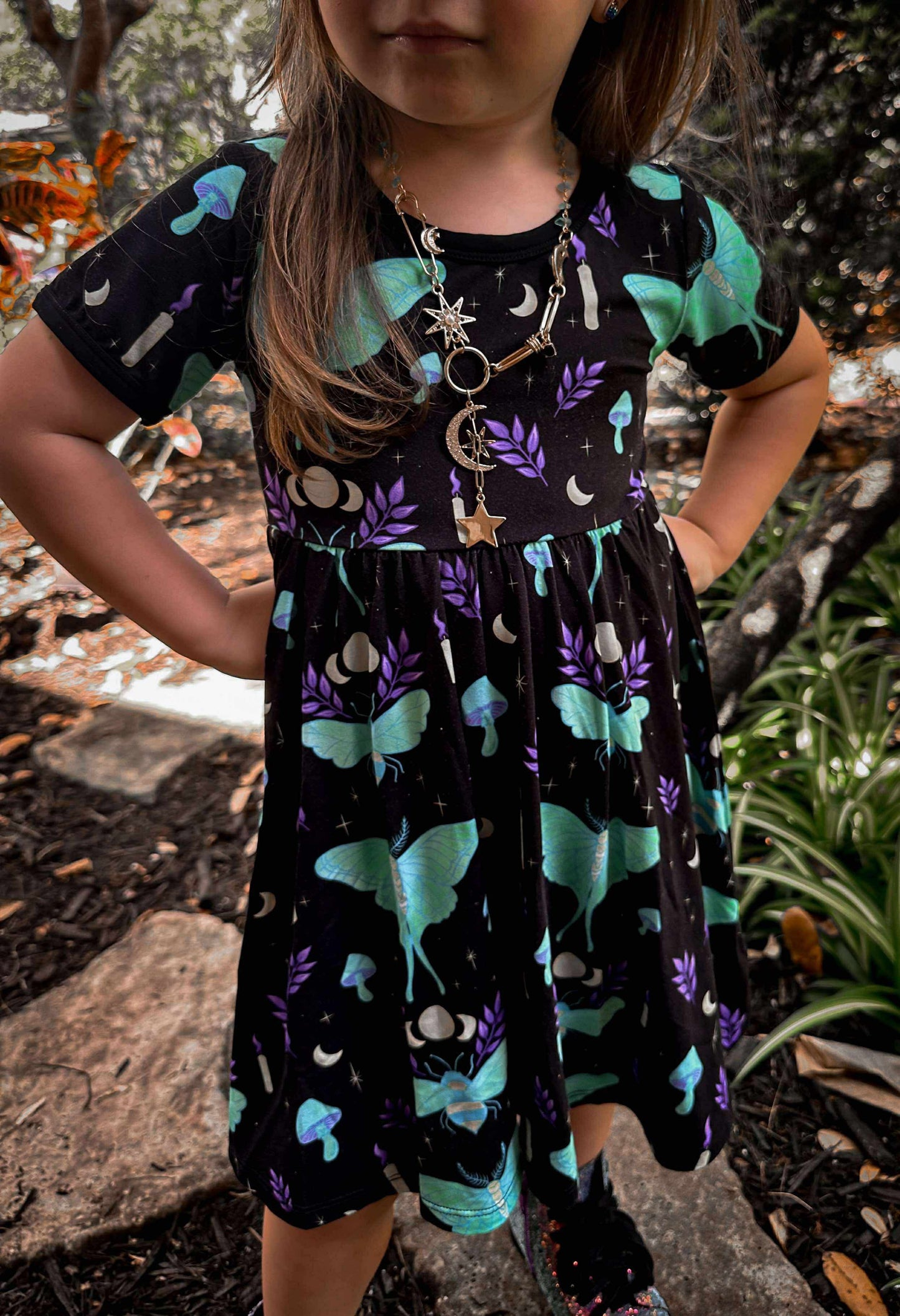 NEW Ready to Ship--Adult + Kid-- Light the Way Lunar Moth + Bee Witchy Black and Teal Bamboo Twirl Dress!