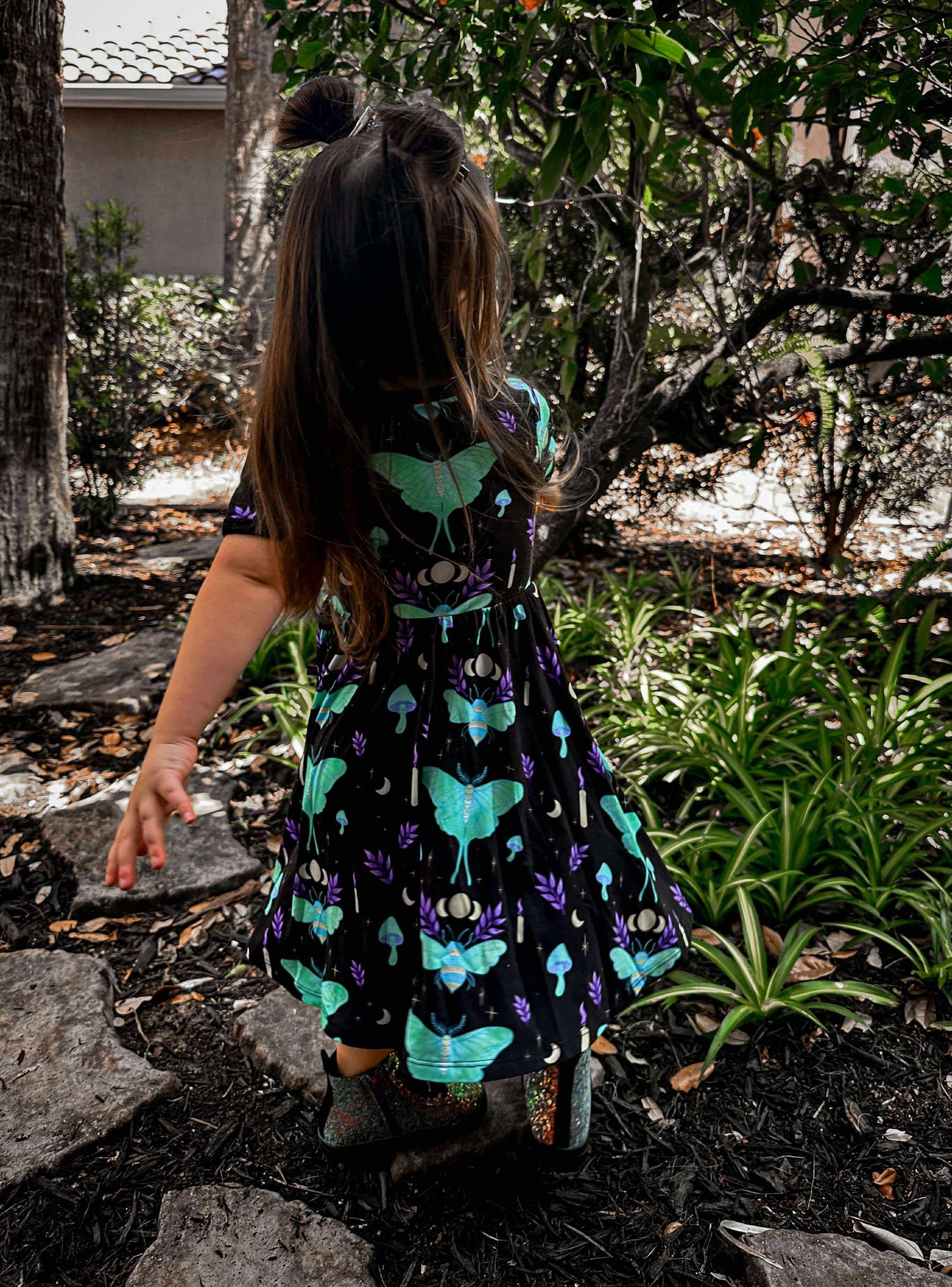 NEW Ready to Ship--Adult + Kid-- Light the Way Lunar Moth + Bee Witchy Black and Teal Bamboo Twirl Dress!