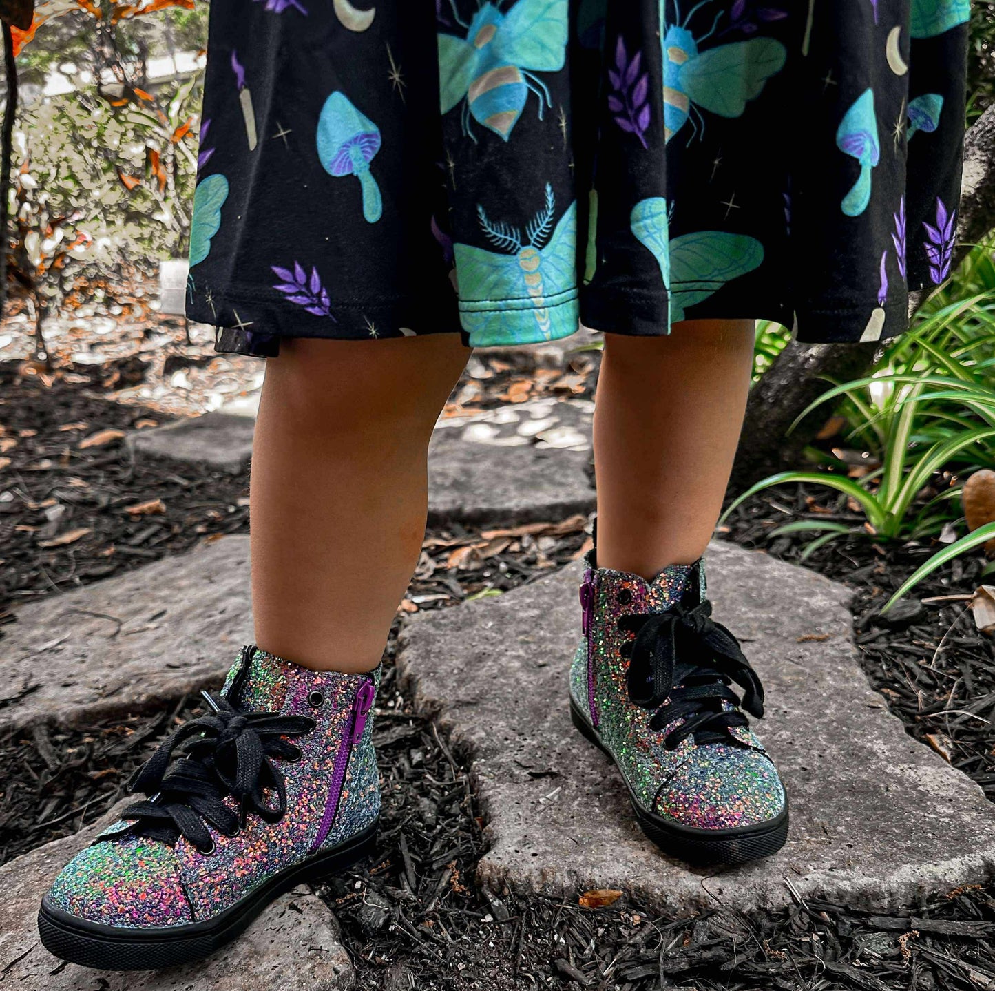 NEW Ready to Ship--Adult + Kid-- Light the Way Lunar Moth + Bee Witchy Black and Teal Bamboo Twirl Dress!
