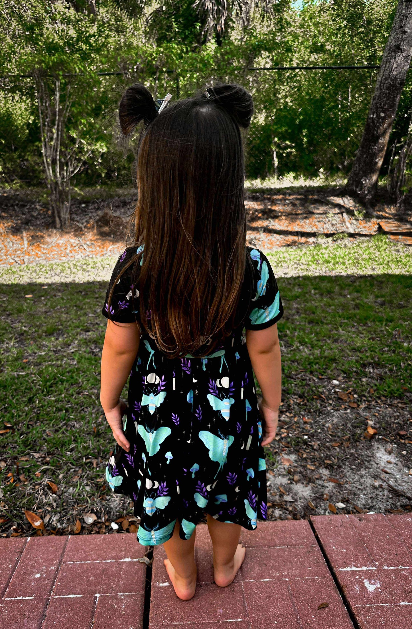NEW Ready to Ship--Adult + Kid-- Light the Way Lunar Moth + Bee Witchy Black and Teal Bamboo Twirl Dress!