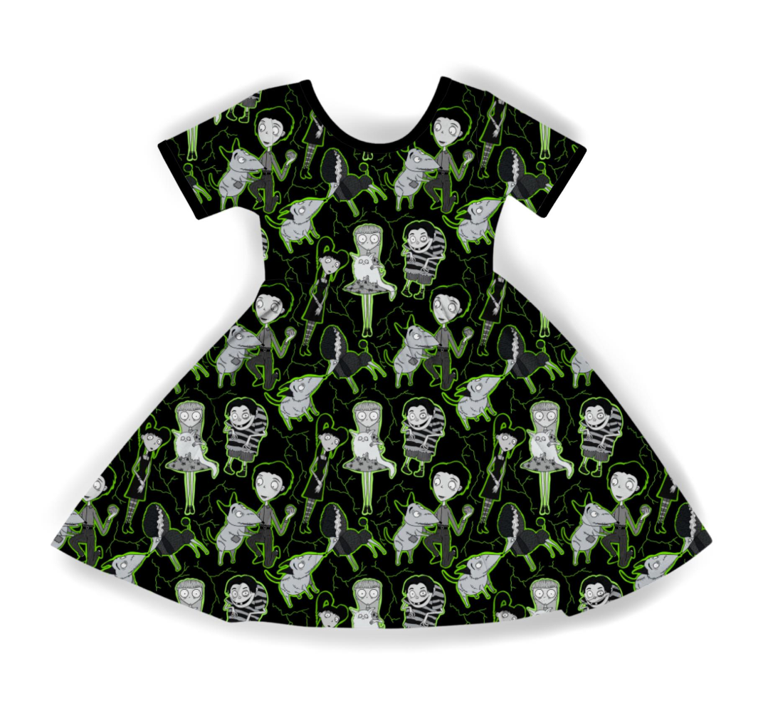 Ready to ship - Kids Franken Spooky Dog + Burton Friends Gothy Twirl Dress!