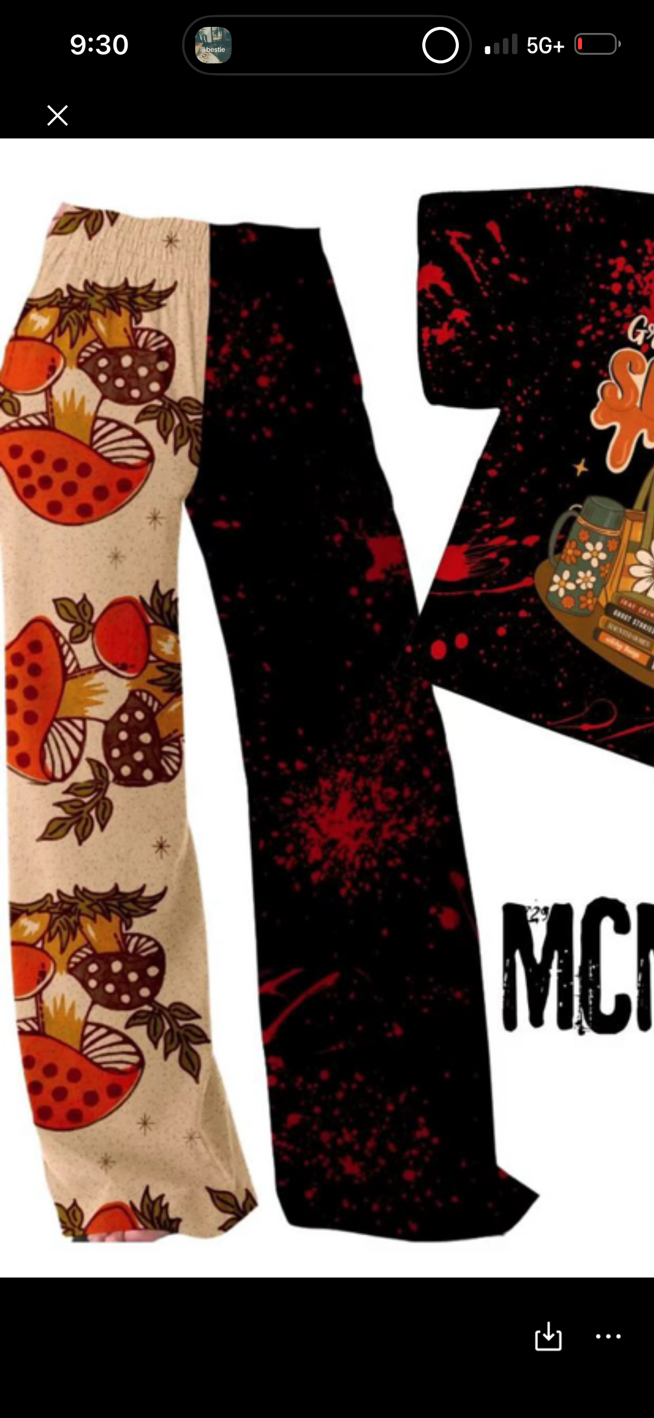 Adult:  Grannycore Killers Merry Mushrooms + Blood Splatter Bamboo Ghoulchella Pants! 3 INSEAMS!