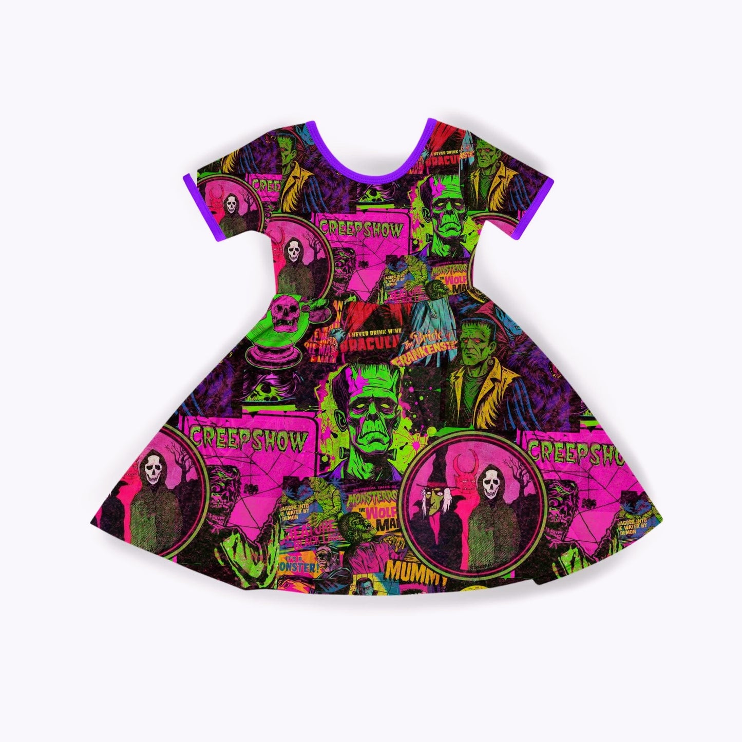 Kids + Adult--Creepshow Retro Halloween Neon Pink + Spooky Characters + frank + retro witch magical twirl dress!