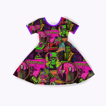 Kids + Adult--Creepshow Retro Halloween Neon Pink + Spooky Characters + frank + retro witch magical twirl dress!