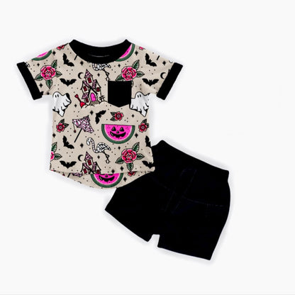 Ready to Ship- Kids- Spooky Retro Spooky Ghost Beachy Ghoul Two Piece Pocket T Set! Horror Nights!