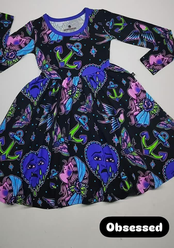 Ready to Ship--Traditional Tattoo Crying Heart Moody Bamboo Twirl Dress!