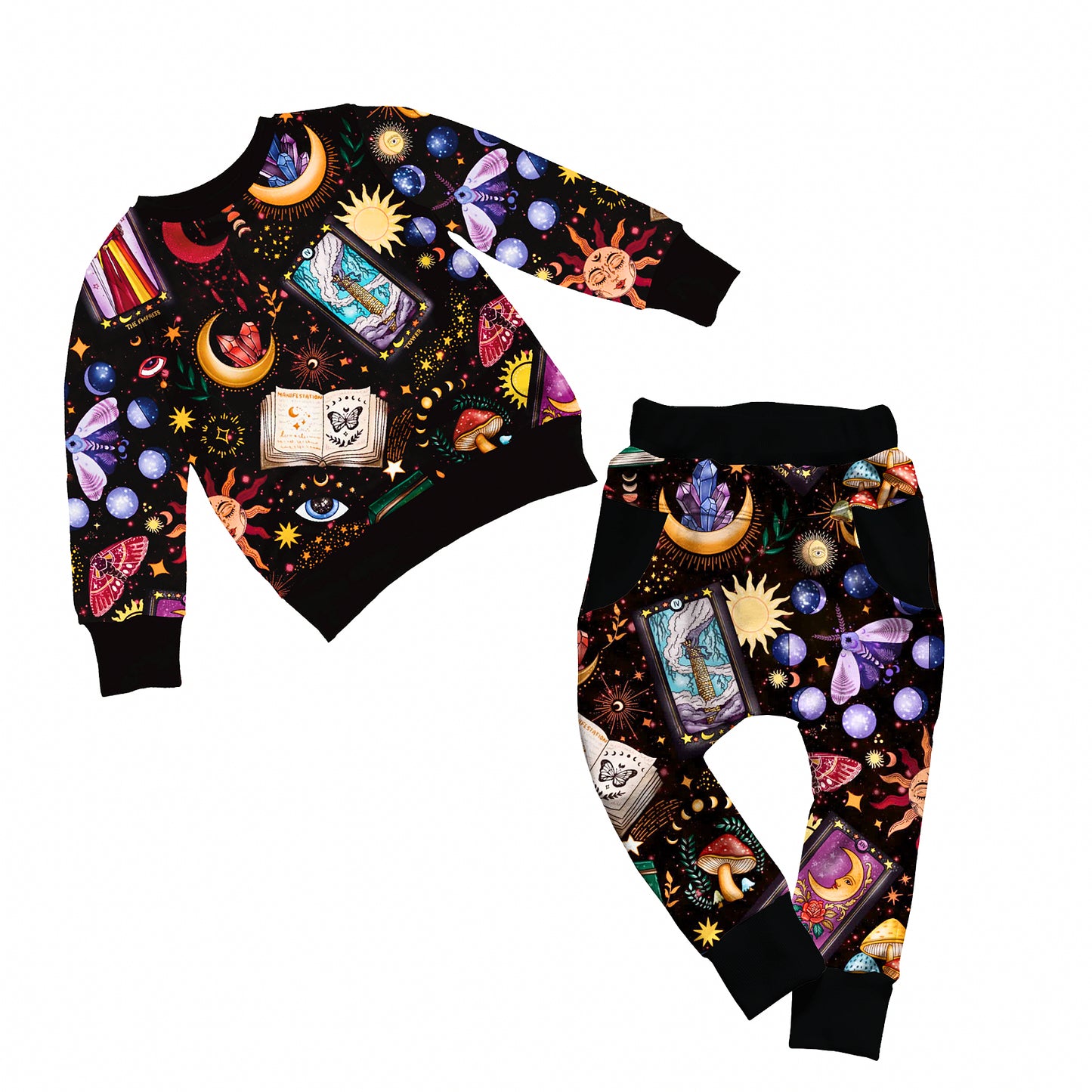 Kids Witchy Black Winter Manifest Vibe High Terry Crew Set! Crystals, moon magic, spellwork Crew Shirt + Daywear Joggers! Vintage Witchcore!