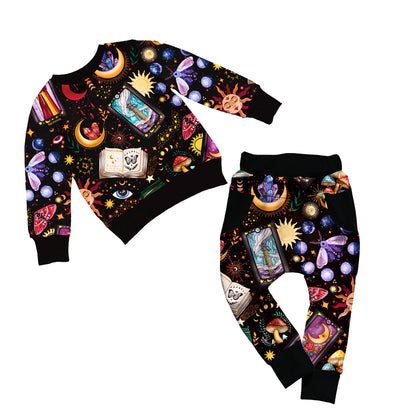Kids Witchy Black Winter Manifest Vibe High Terry Crew Set! Crystals, moon magic, spellwork Crew Shirt + Daywear Joggers! Vintage Witchcore!