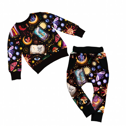 Kids Witchy Black Winter Manifest Vibe High Terry Crew Set! Crystals, moon magic, spellwork Crew Shirt + Daywear Joggers! Vintage Witchcore!