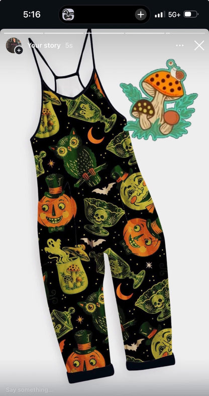 Kids + Adult: Come Spooky Thift Halloween Black Bamboo Overalls! Uranium Glow! Vintage Halloween, Retrocore, Merry mushroom!