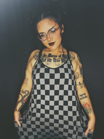 Adult:  Darker Black + Gray Grunge Check Overalls! Oversized + Flowy! Grunge Check!