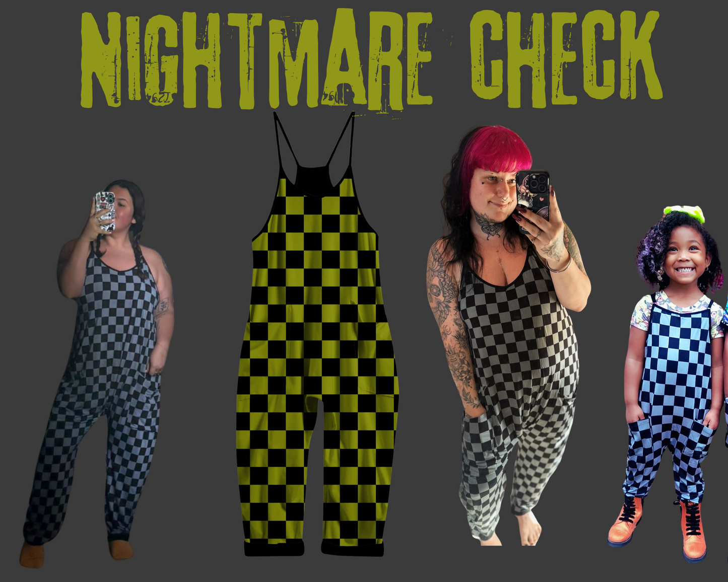 Ready To Ship -- Kids + Adult Oogs Grunge Green Check Spooky Christmas Bamboo Overalls! Pair with Nightmare Boxy! GREEN CHECK