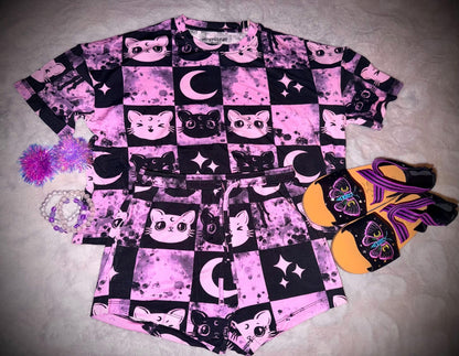 Ready to Ship! Kids- NEW STYLE! Mystical Luna Cat + Vintage Sailor Moons Boxy Tshirt + Shortie Summer Bamboo Set! Purple + Black!