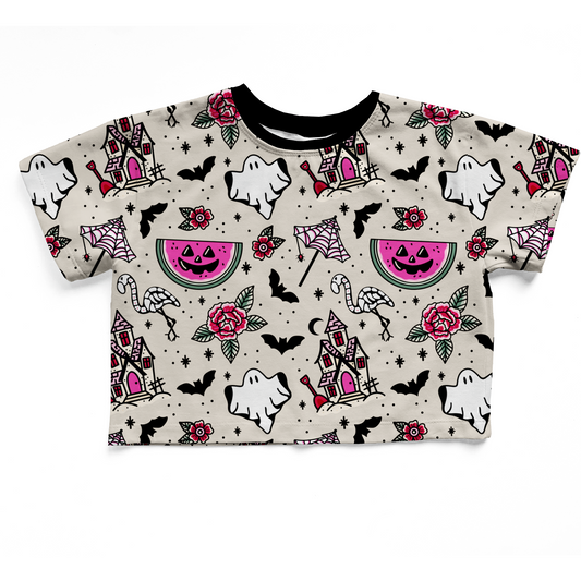 Ready to Ship Kids + Adult-- Spooky Trad TattooBeachy Ghoul boxy shirt! Ghosties + trad floral!