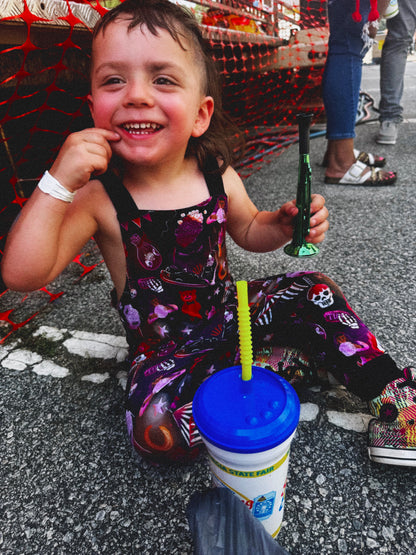 Ready to ship -Spooky Carnival Overalls! Hipster Kiddo! Clowns + Spooky Snacks!