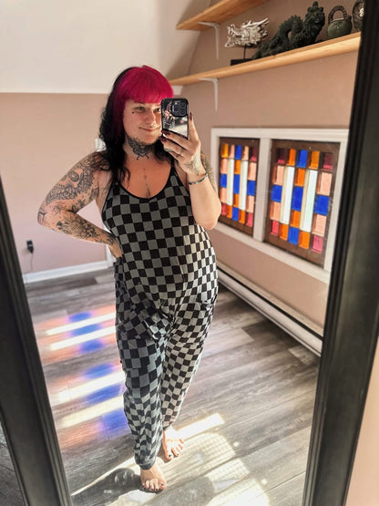 Adult:  Darker Black + Gray Grunge Check Overalls! Oversized + Flowy! Grunge Check!