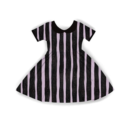 Ready to Ship--Adult + Kid--Halloween Lavender Stripe ALT Twirl Dress w/ Peter Pan Collar!