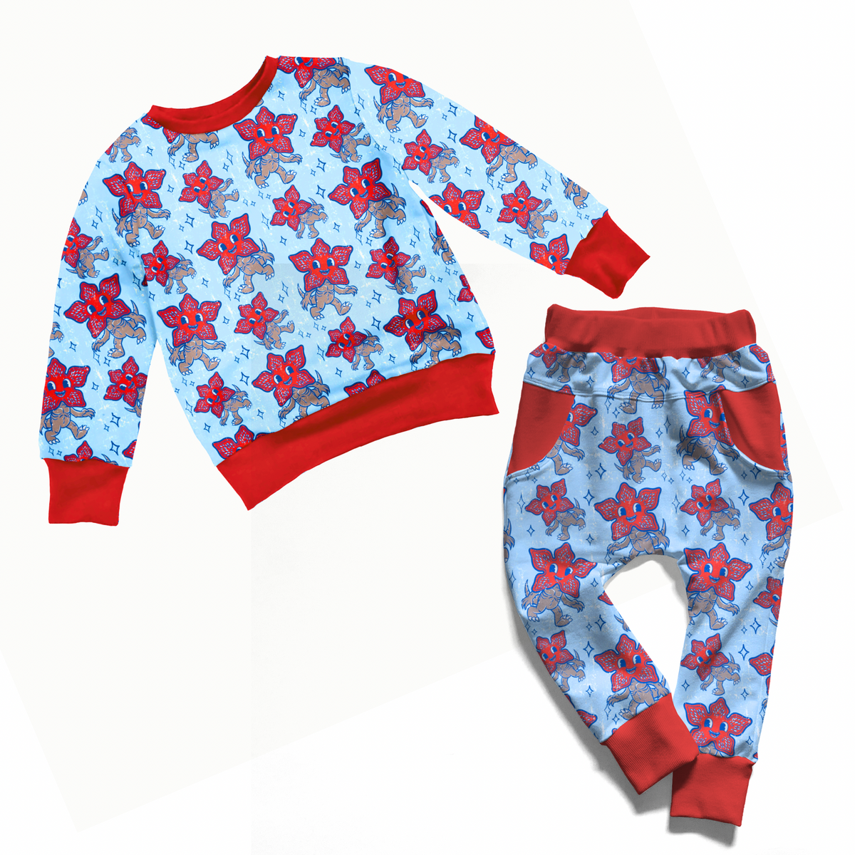 Ready to Ship! Kids NEW 80s Ribbed 80s Retro Stranger Cute Demogorgon oversized French terry crew jogger sets! Perfect weight all seasons! 80s colors! Horror Nights!