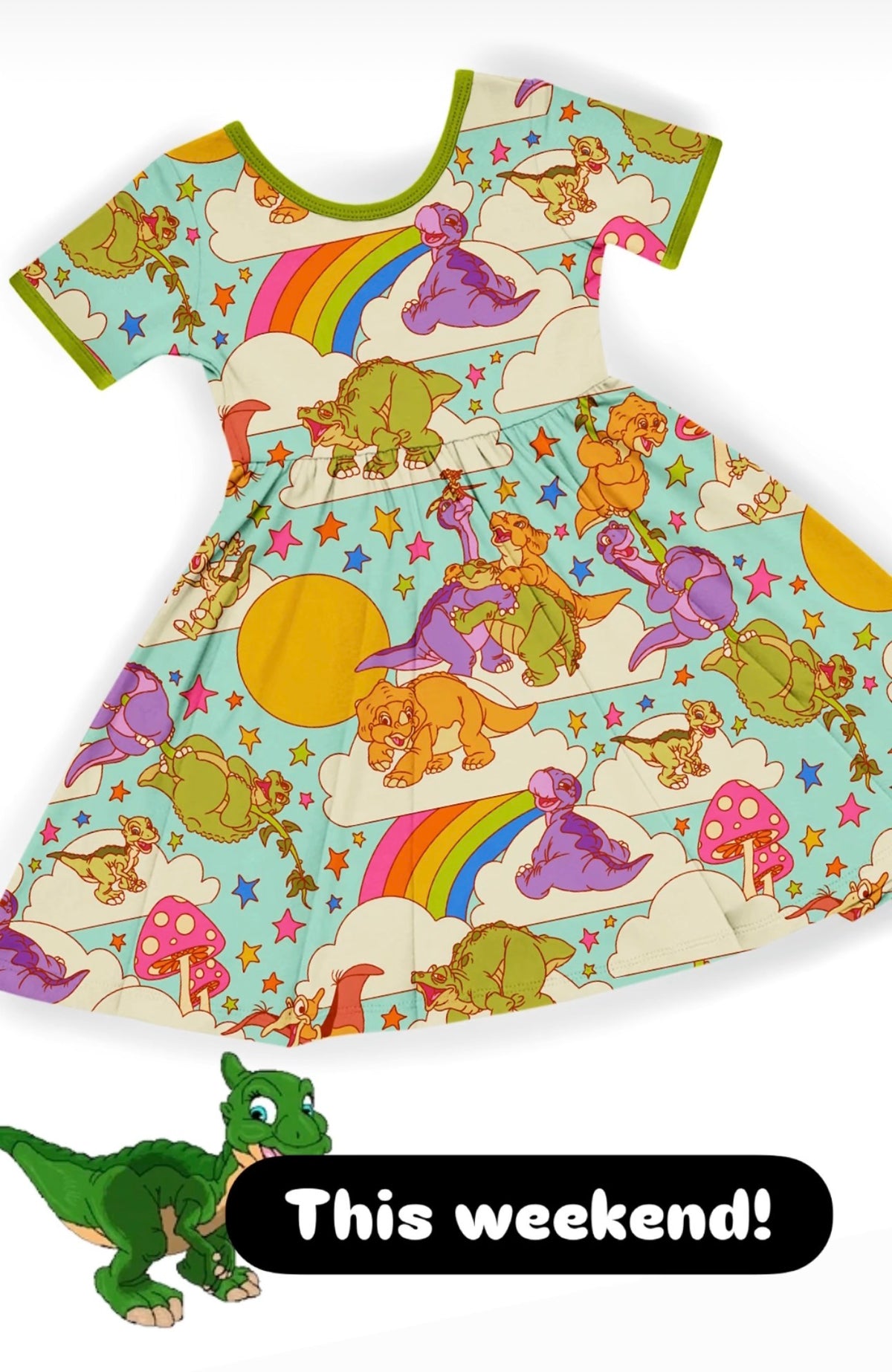Kids + Adult-- Retro Land Before Time Dinosaurs 90s Movie Magic Twirl Dress! Rainbows + Littlefoot!