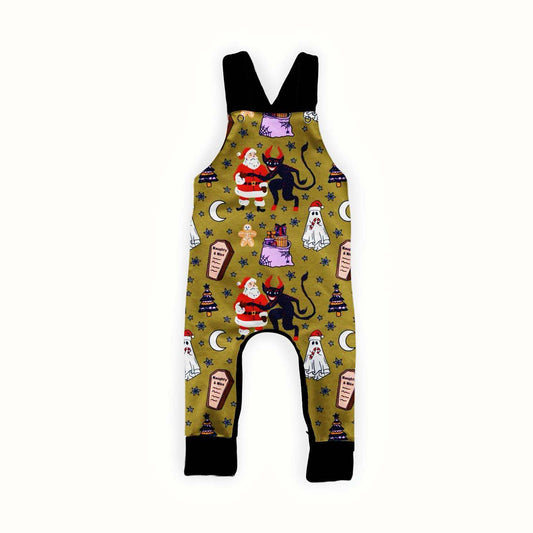 Ready to Ship --DEADSTOCK! Green Krampus Kids Bamboo Overalls! Krampus + Kringle! Spooky Christmas!