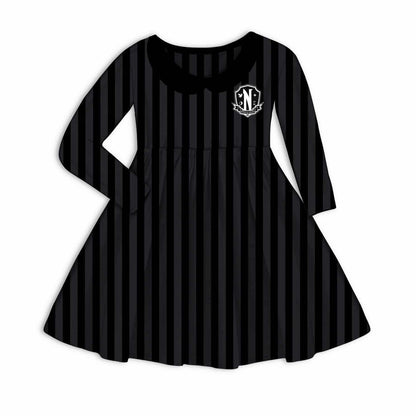 Ready to Ship--Adult + Kid-- Spooky Season NeverMore Gothic Striped Weds Twirl Dress! Logo! Black + Gray Stripes!
